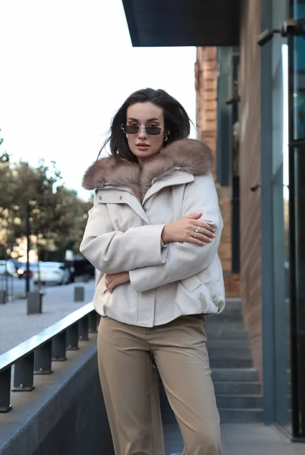 Wool down jacket with Arctic fox fur trim