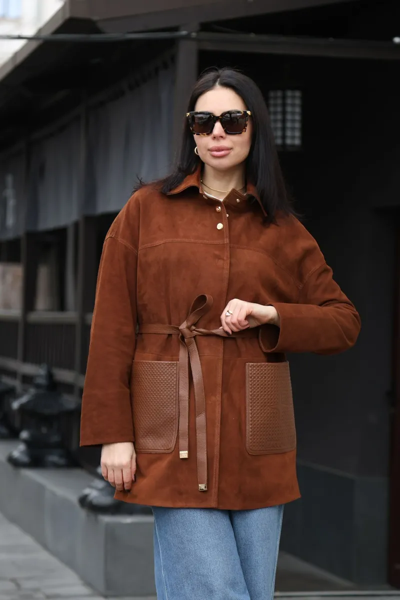 Long suede jacket in whiskey color
