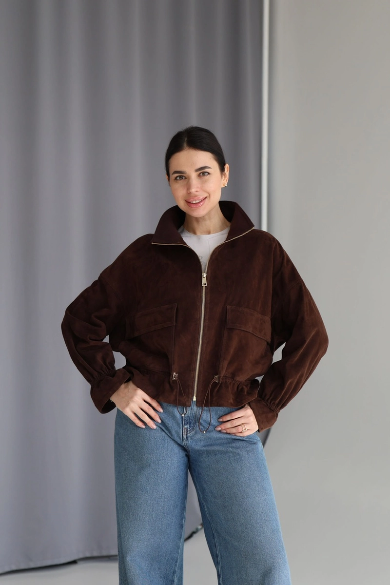 Suede bomber jacket with gold hardware