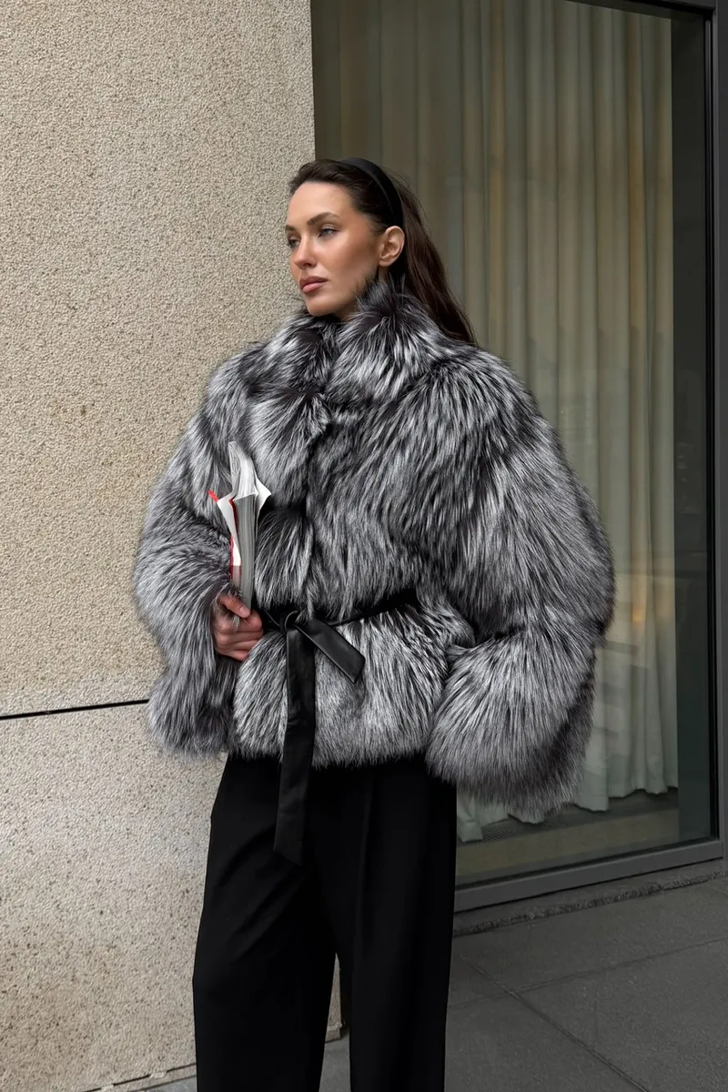 Silver fox fur coat with a stand-up collar