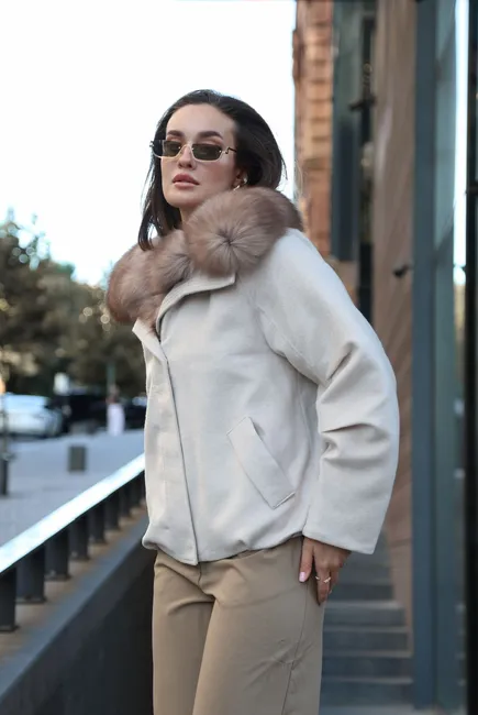 Wool down jacket with Arctic fox fur trim