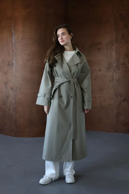 Двубортний oversize тренч у фісташковому кольорі