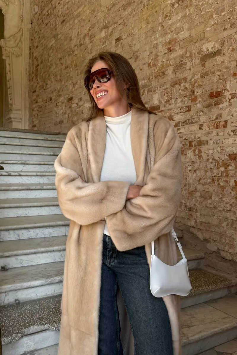 Maxi-length Palomino mink fur coat