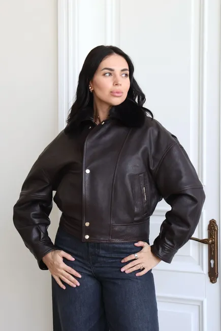 Textured leather jacket with Orilag fur trim