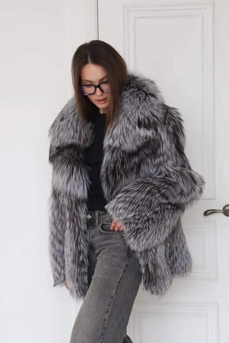 Silver fox fur coat with a notch collar