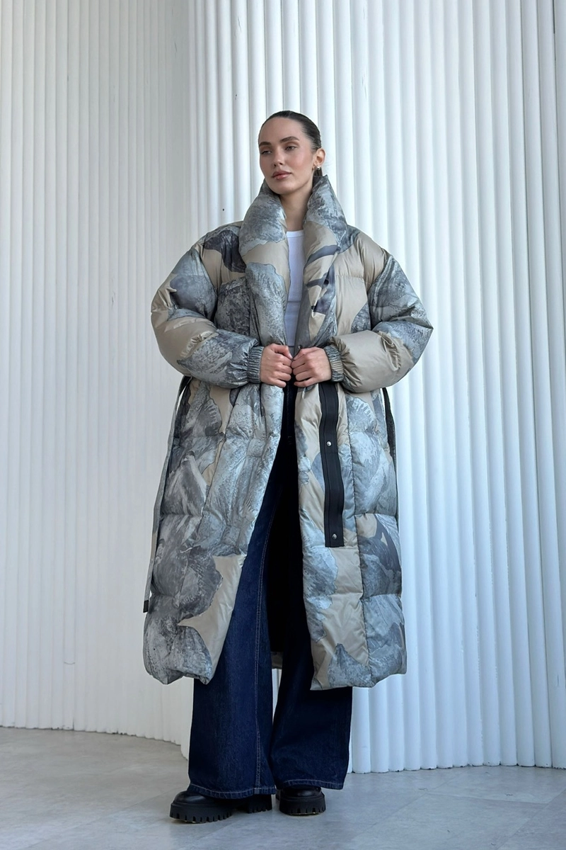 Maxi length down jacket with belt