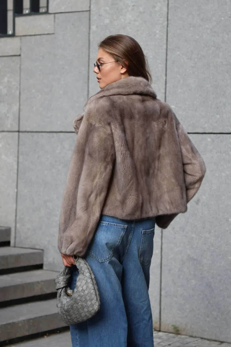 Cropped Scandinavian mink fur coat in a natural grey ice shade