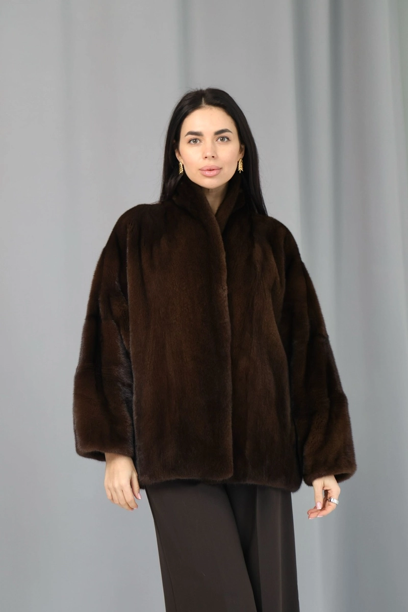 Mink fur coat with a shawl collar in brown color