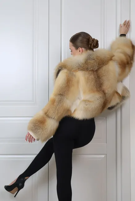 Red fox fur coat with a shawl collar