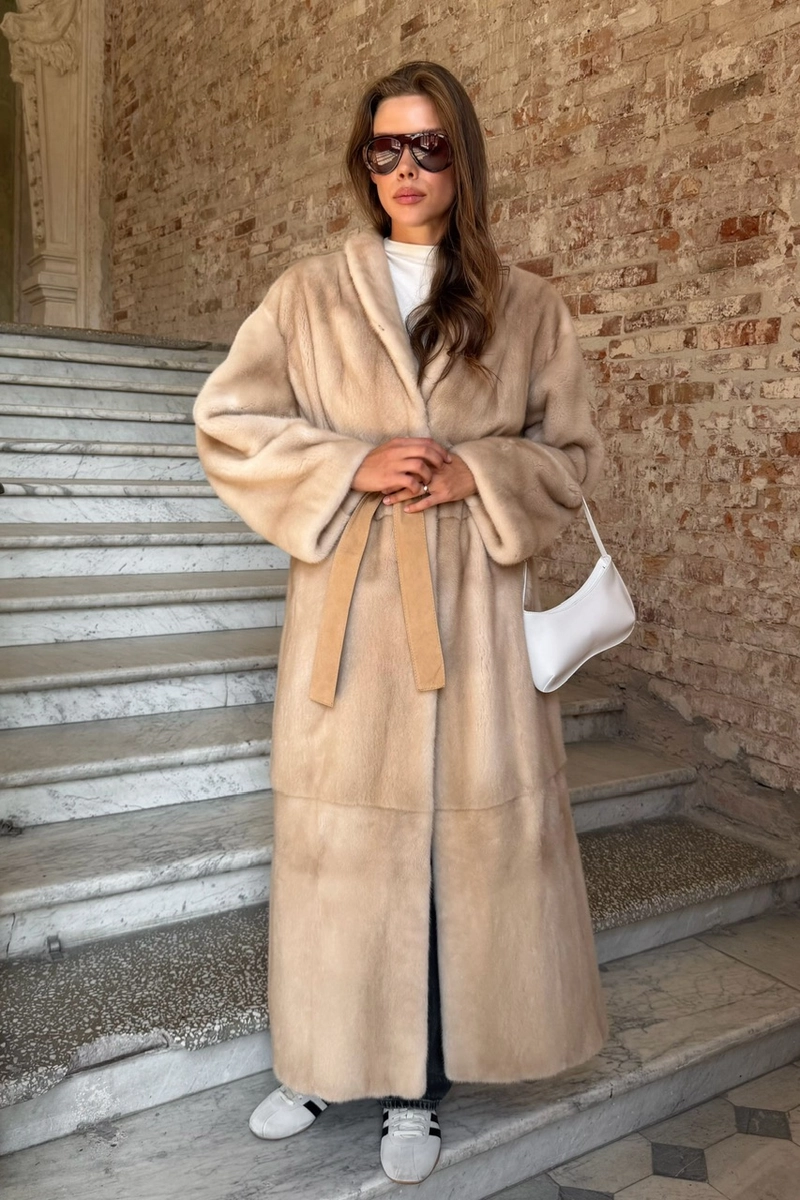 Maxi-length Palomino mink fur coat