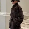 Belted mink fur coat with patch pockets