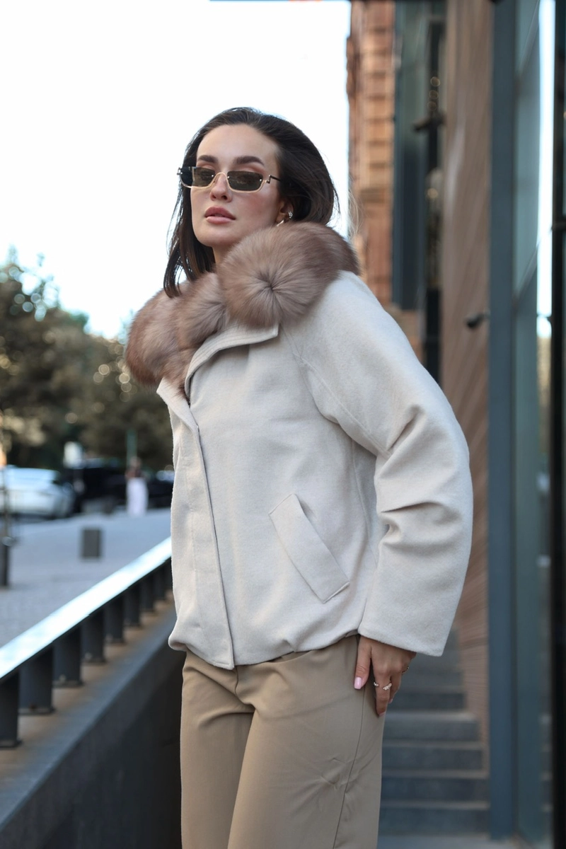 Wool down jacket with Arctic fox fur trim