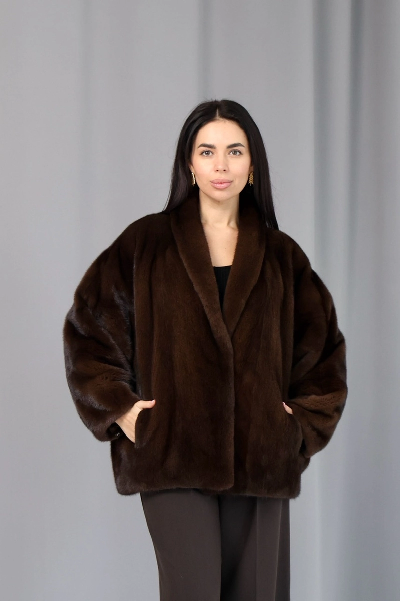 Mink fur coat with a shawl collar in brown color